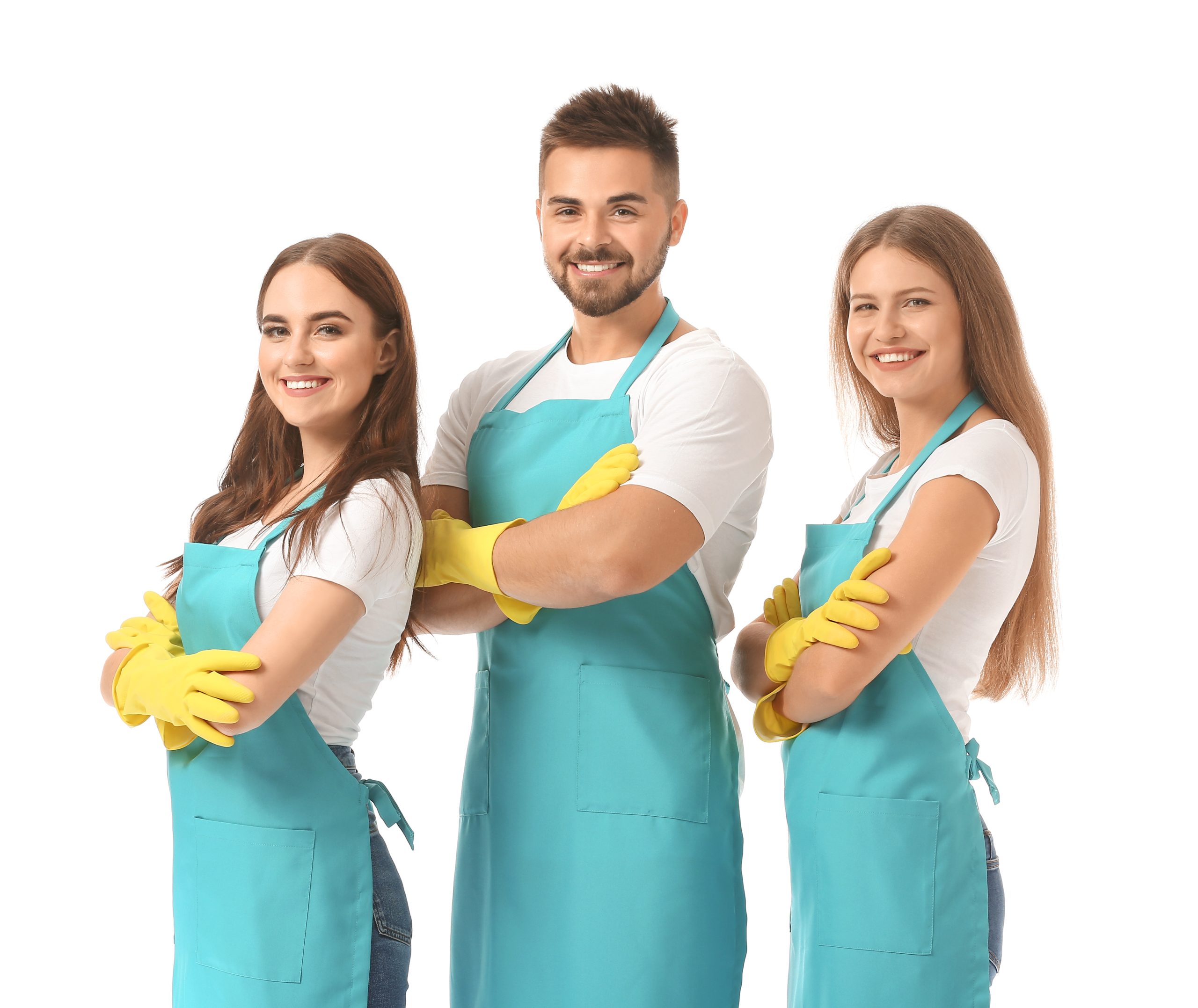 Team of janitors on white background